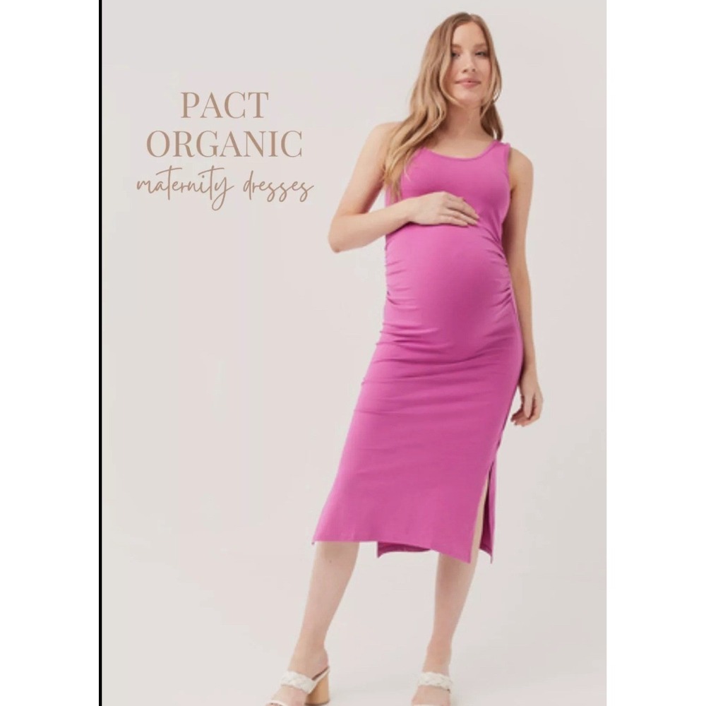 Pact Organic Cotton Maternity Ruched Tank Midi Dress Magenta Pink Large NWT